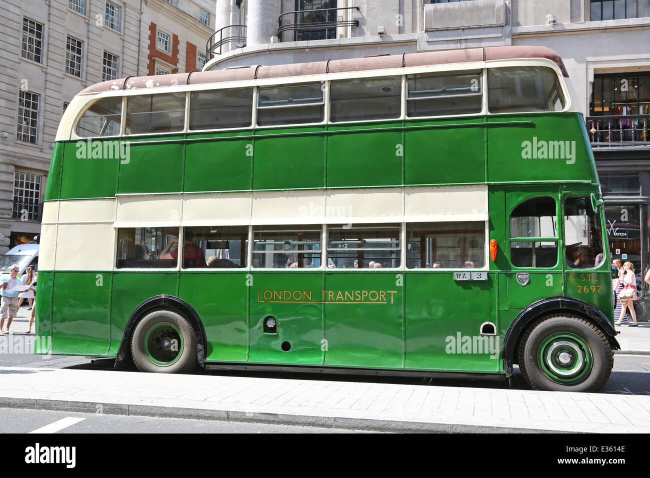 London, UK. 22nd June 2014. AEC Regent Country Area Bus in service 1946-1952 at the Year of the Bus Cavalcade in Regent Street, London celebrating the role buses have played in moving people around London. Buses were on display from 1829 to the present day. Stock Photo