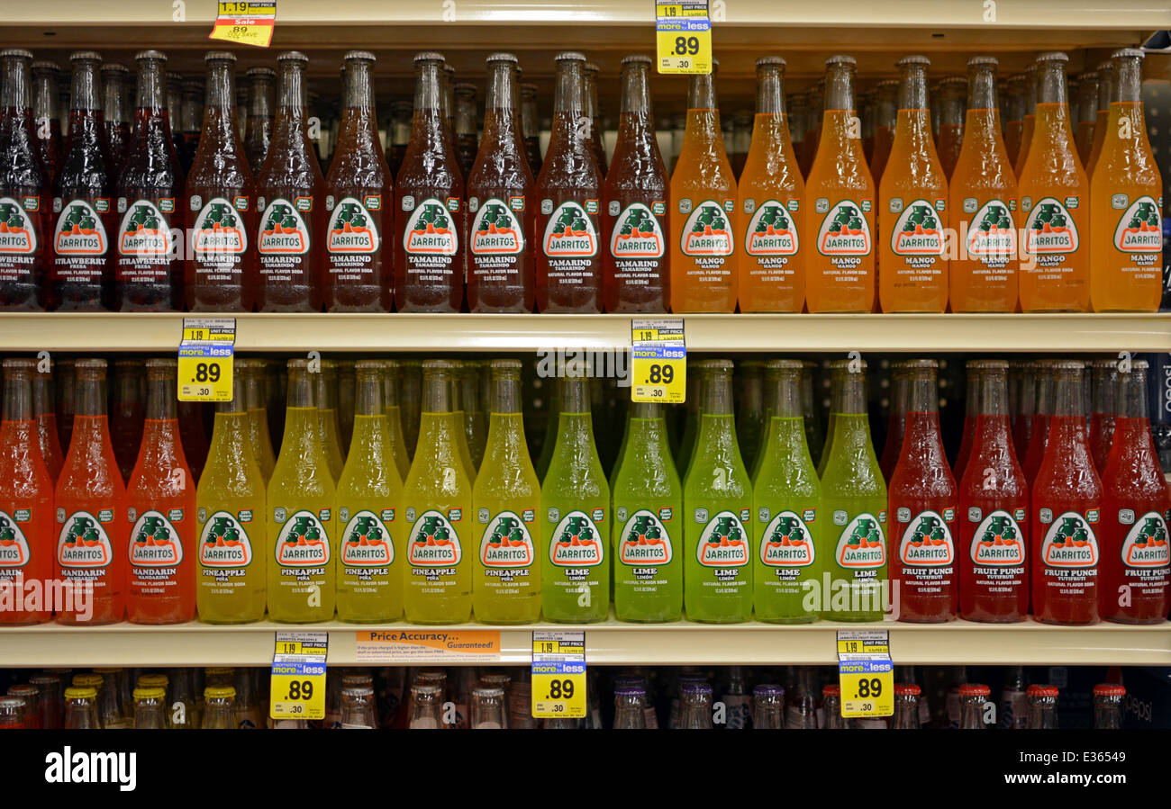 Bottles of soda with retro vintage labels on shelfs in Albertson's