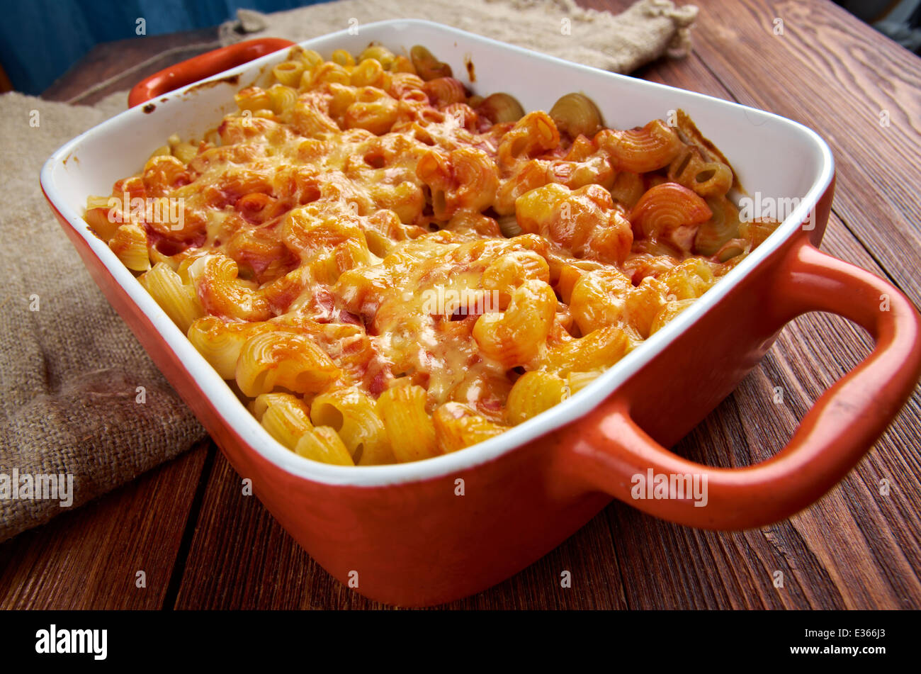 pasta Elbow macaroni bake with pancetta, tomato sauce and mozzarella