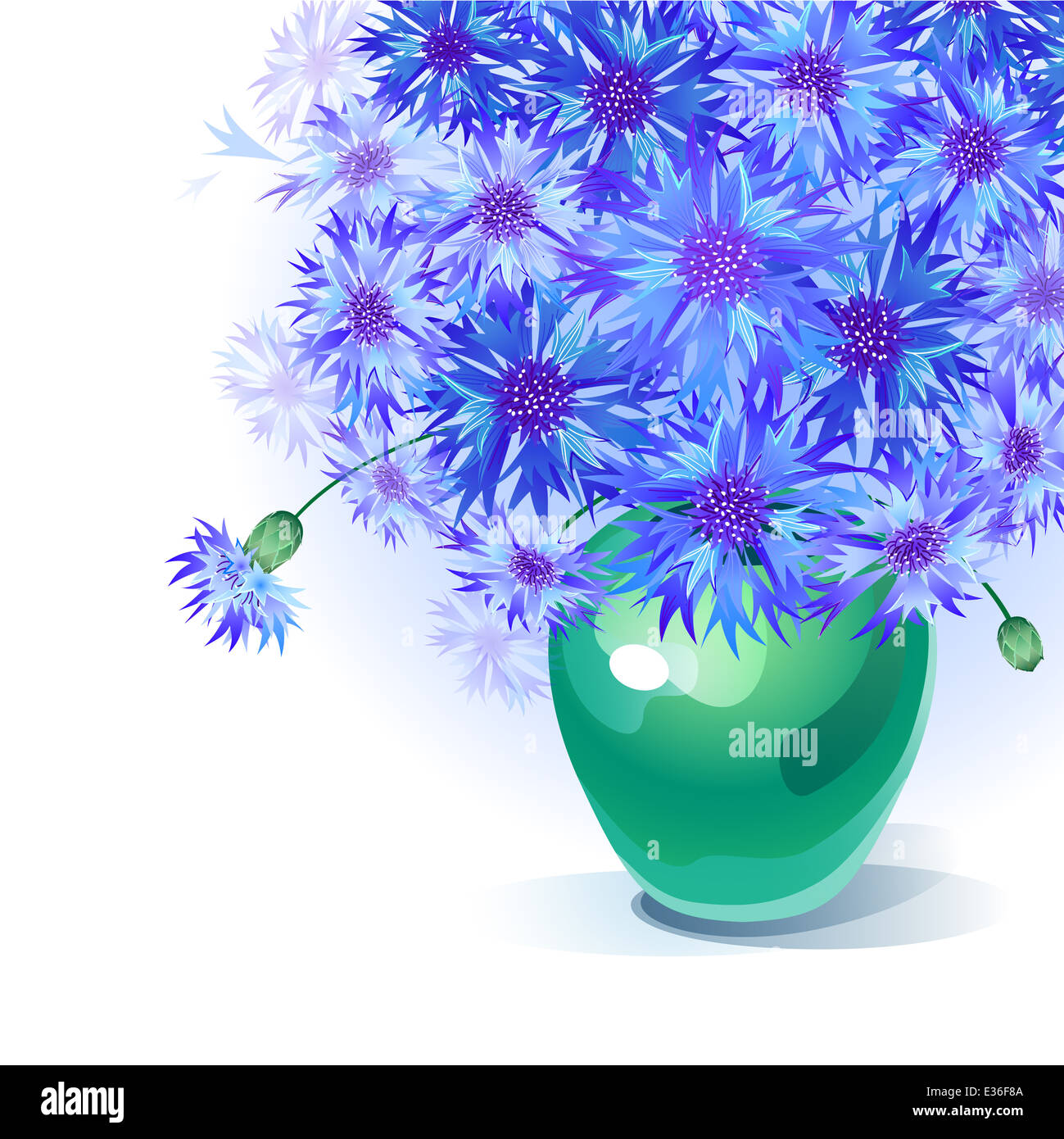 Greeting card with gentle bluebottle bouquet in green vase Stock Photo