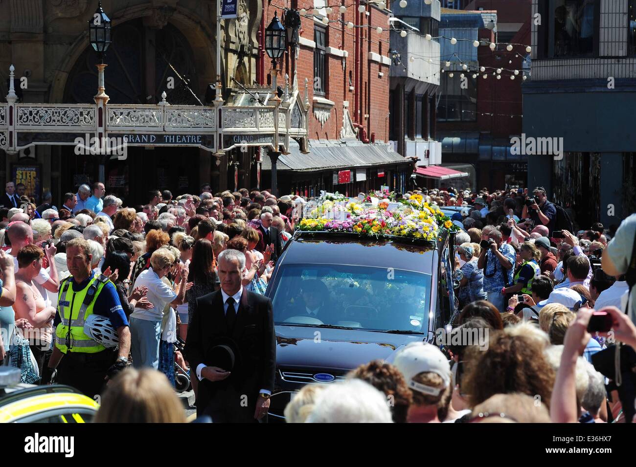 The funeral of Bernie Nolan at the Grand Theatre Blackpool. The coffin