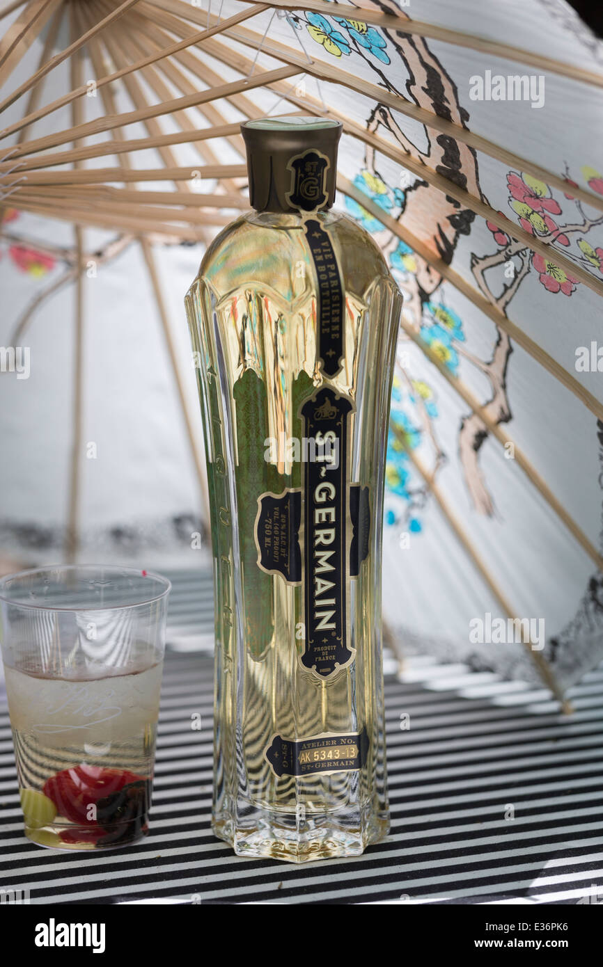 Bottle of St. Germain liquor and glass of cocktai Stock Photo