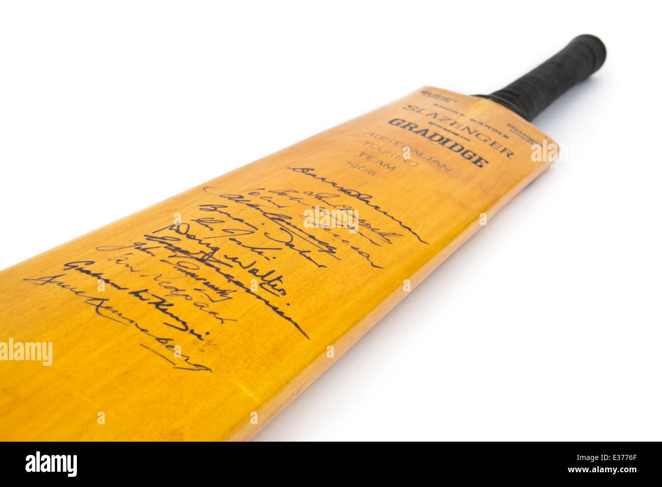 Vintage Slazenger cricket bat with autographs of the 1968 Australian Touring Team. Stock Photo