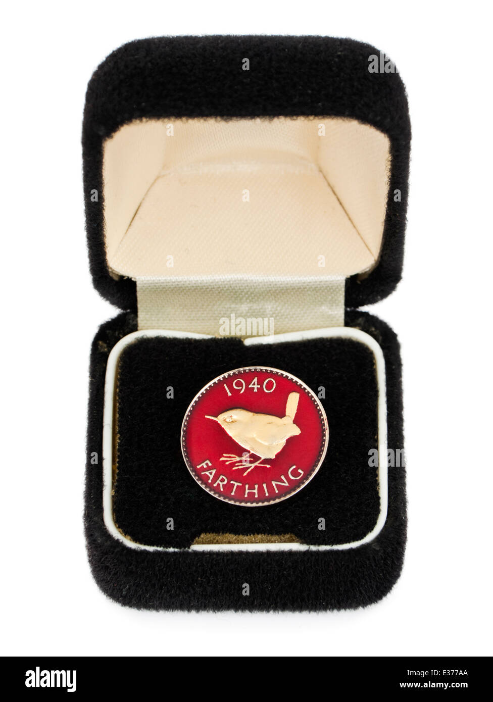 Vintage enameled British 1940 Farthing coin in presentation box Stock Photo