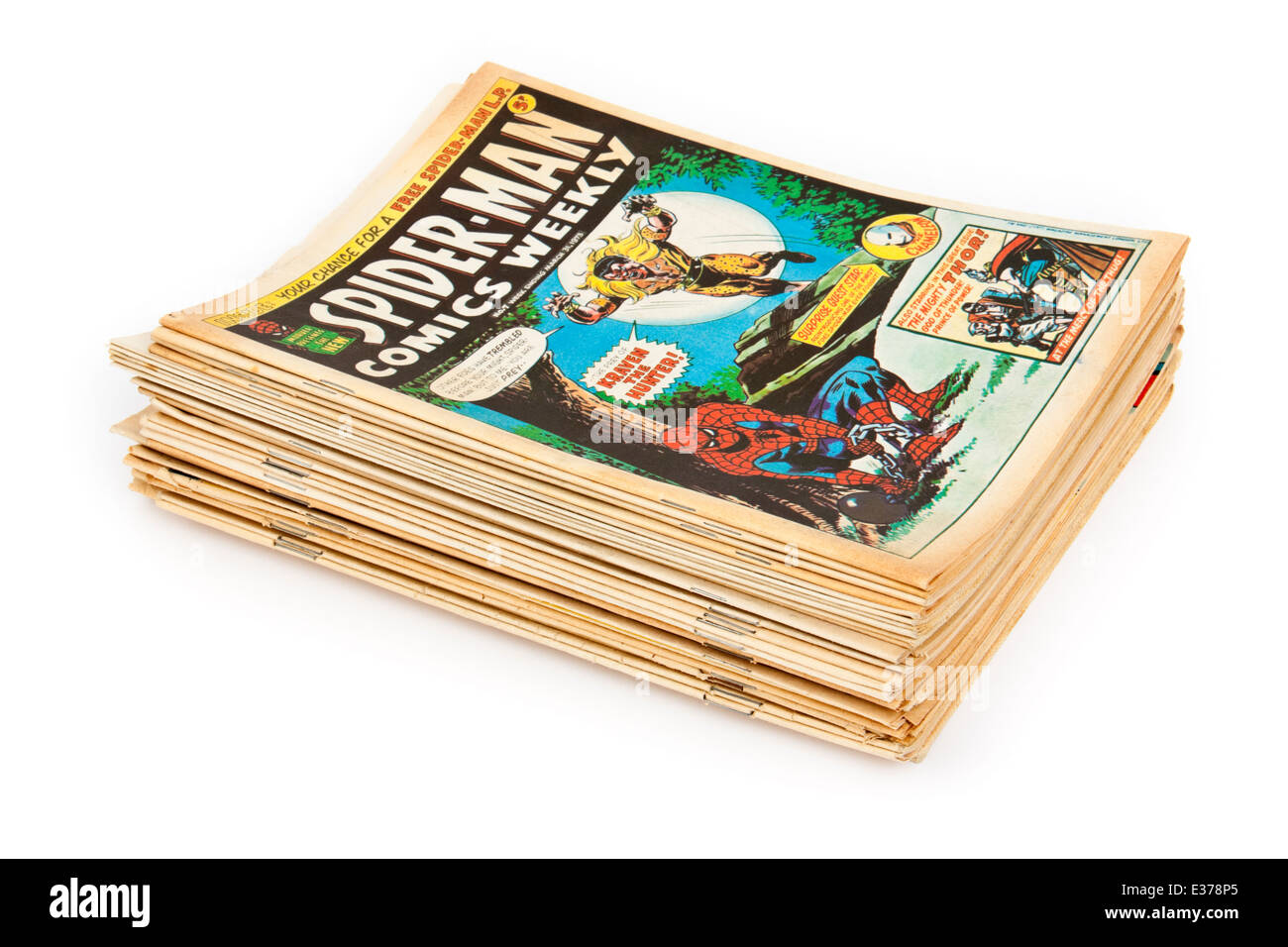 Vintage collection of 'Spider-man Comics Weekly' comics, the popular British weekly comic from the 1970's. Stock Photo