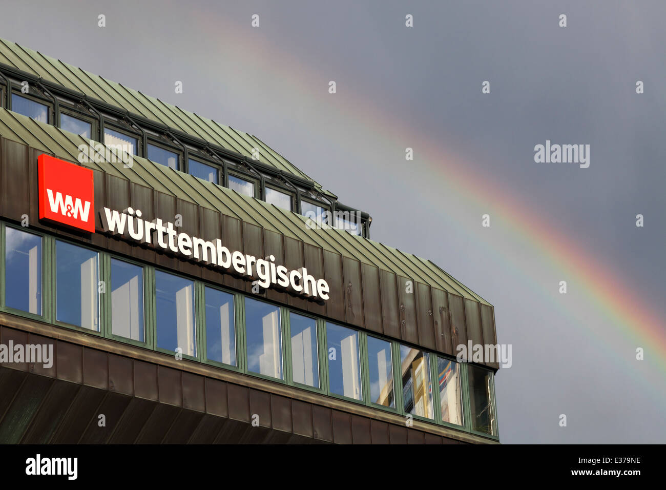 Württembergische Versicherung AG,  rainbow over the head office of the Wurtembergische Insurance  company in Stuttgart Stock Photo