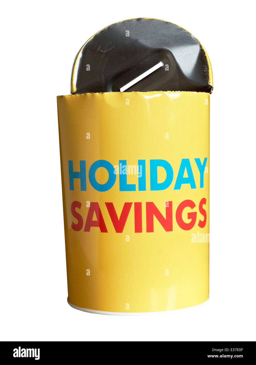 Empty money box saying holiday savings Stock Photo