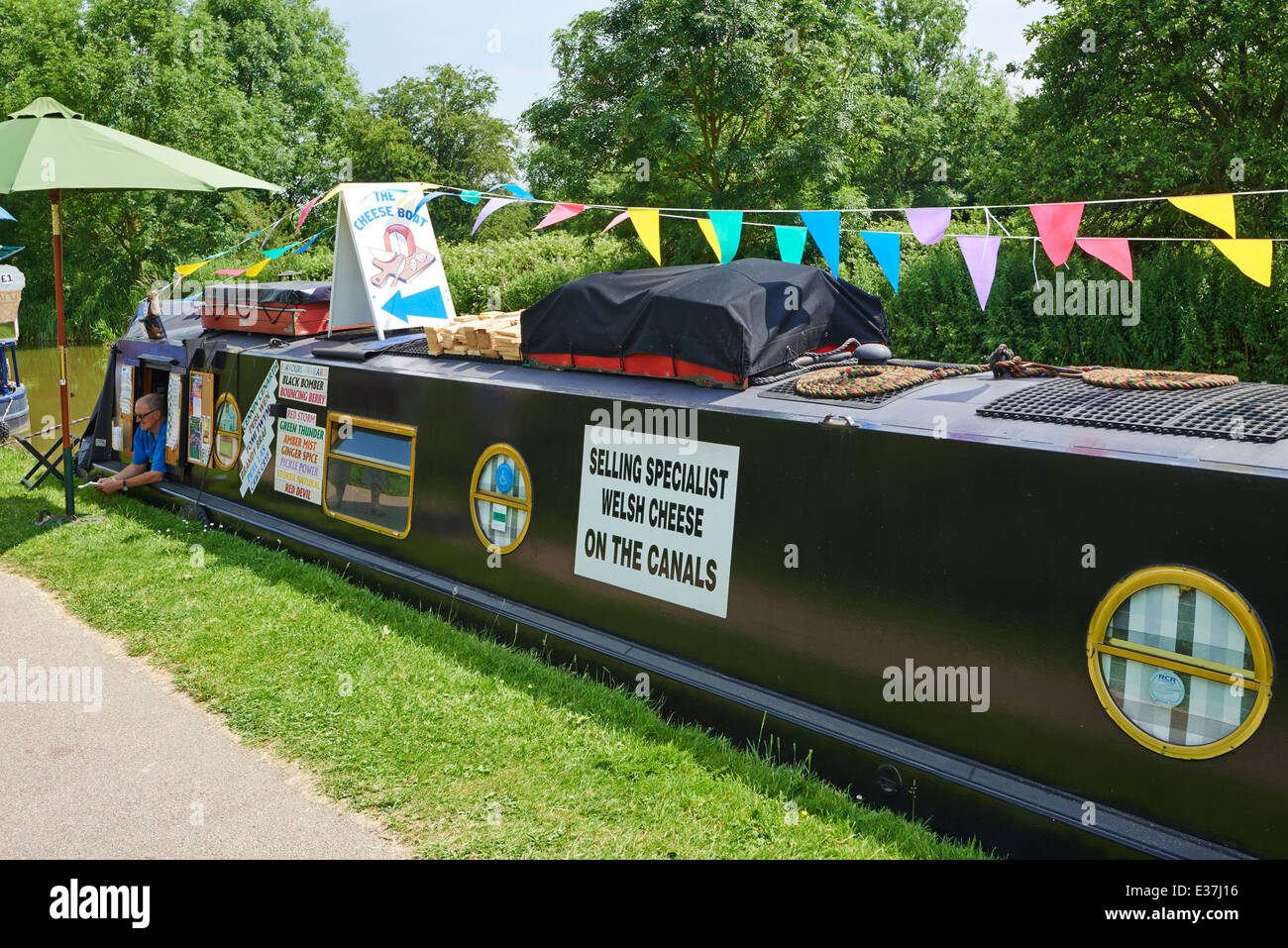 Cheese Boat selling specialist welsh cheeses at Foxton Locks Market Harborough Leicestershire UK Stock Photo