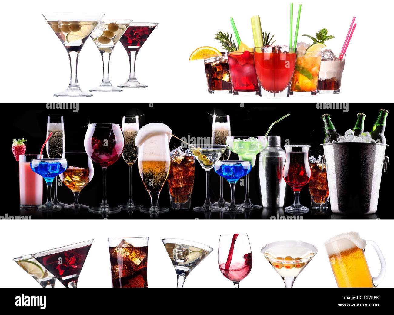 Set of different alcoholic drinks and cocktails beer,martini,soda