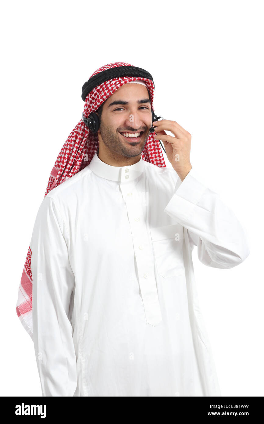Arab saudi operator man working with free hands headset on the phone isolated on a white background Stock Photo