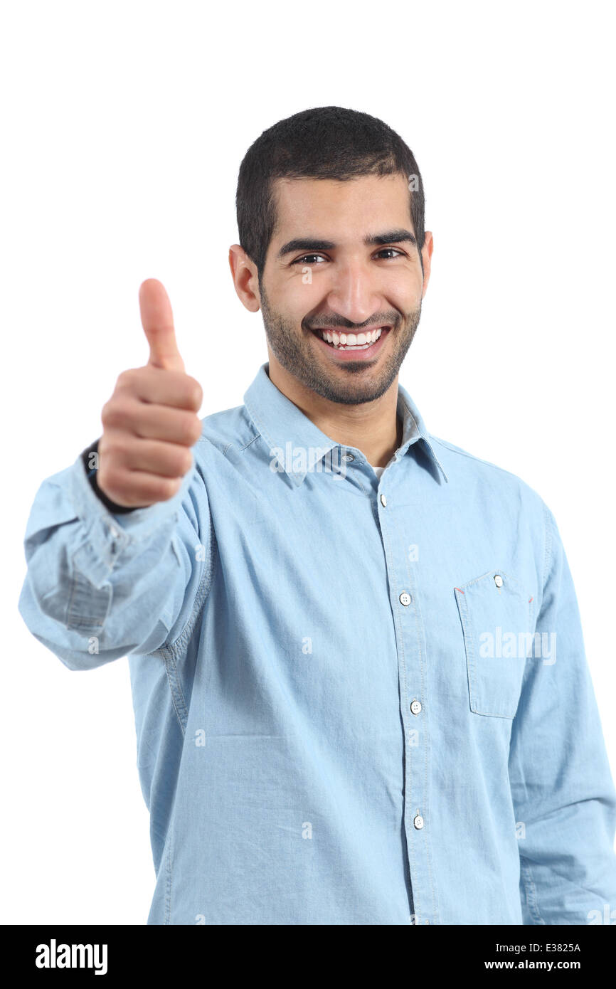 Arab casual happy man gesturing thumbs up isolated on a white background Stock Photo