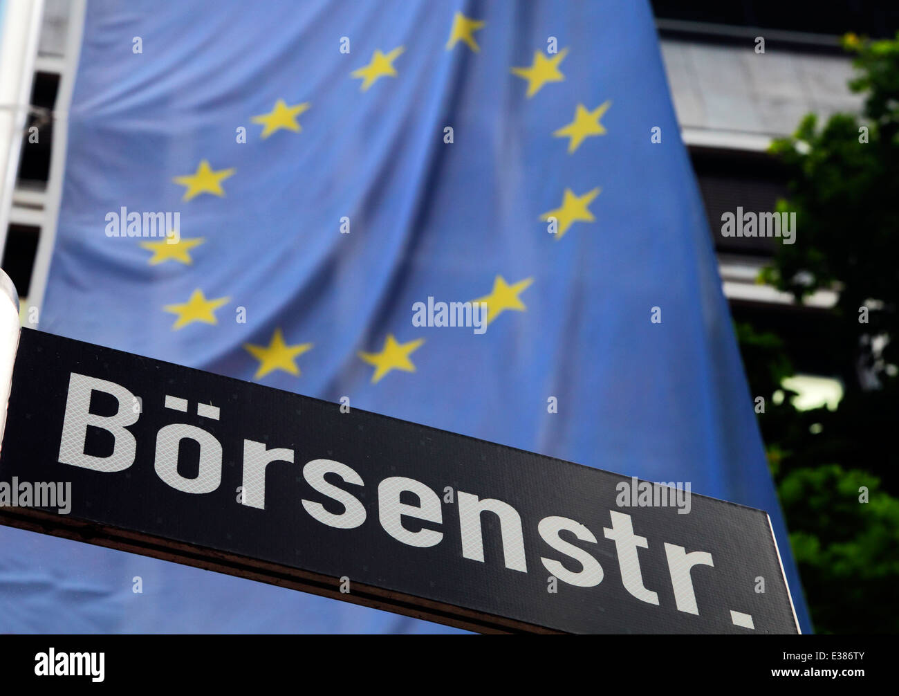 Börsenstr. sign (stock market street) in front of the European Union flag Stock Photo
