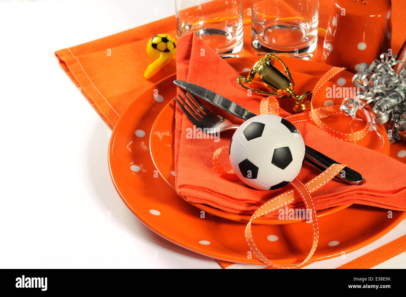 Soccer football celebration party table setting with pates, cutlery