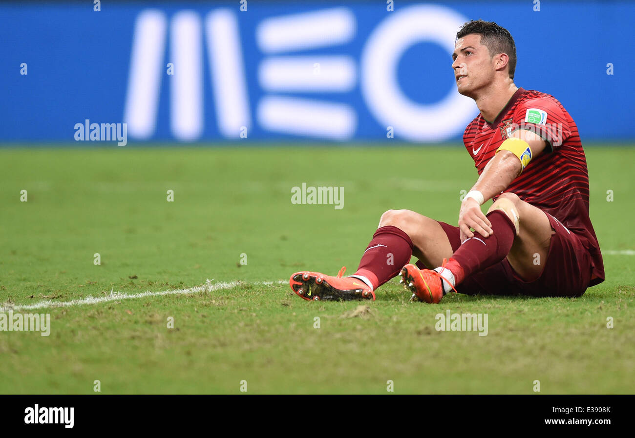 Manaus, Brazil. 22nd June, 2014. Cristiano Ronaldo of Portugal reacts during the FIFA World Cup 2014 group G preliminary round match between the USA and Portugal at the Arena Amazonia Stadium in Manaus, Brazil, 22 June 2014. Photo: Marius Becker/dpa/Alamy Live News Stock Photo