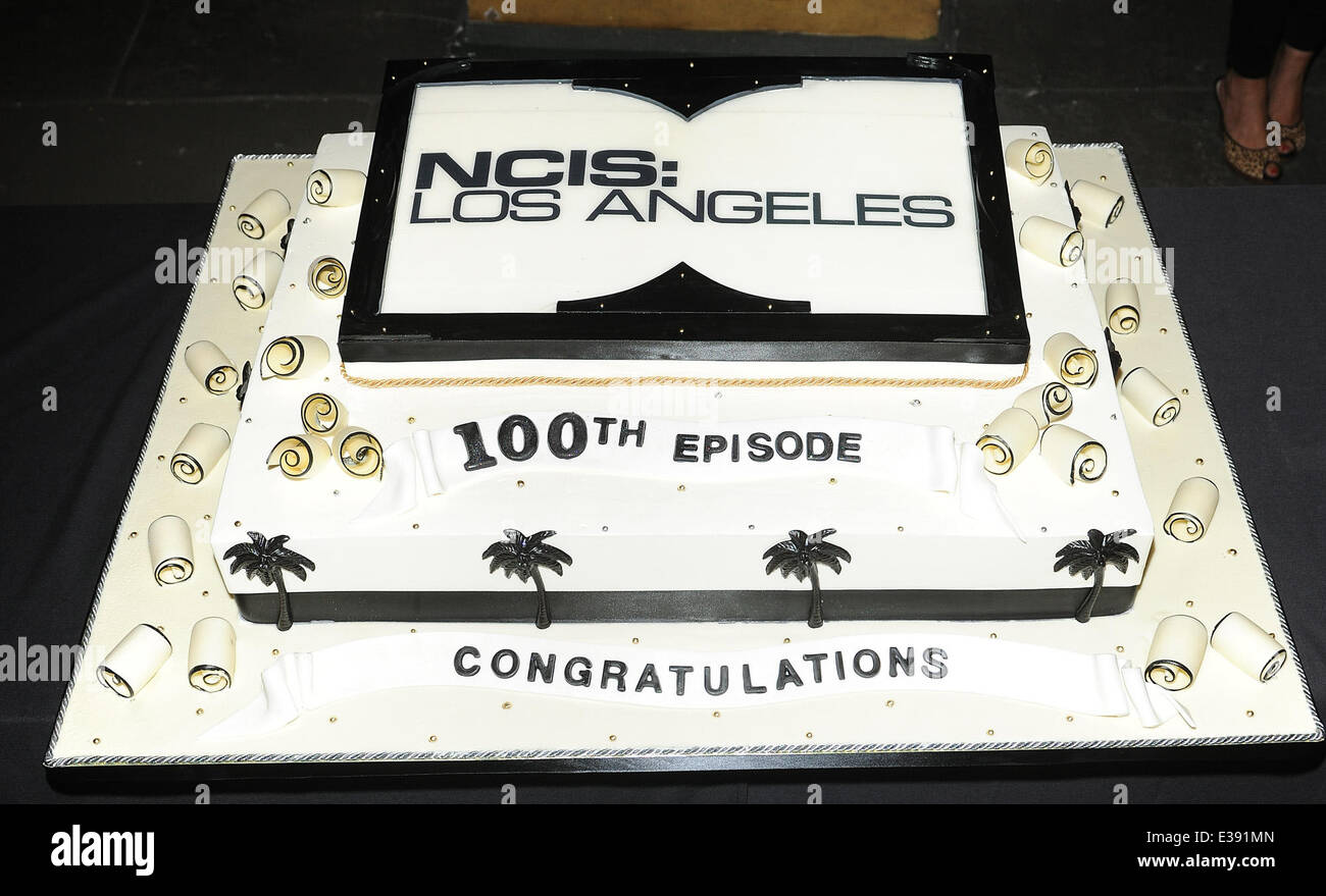 Cast and crew of NCIS: LOS ANGELES on set for a cake-cutting to celebrate the filming of their 100th episode.  (Episode to air on Tuesday, October 15th)  Featuring: Eric Christian Olsen,R. Scott Gemmill,John Peter Kousakis,Chris O'Donnell,Daniela Ruah,Linda Hunt,Renée Felice Smith,Barrett Foa,LL Cool J,Shane Brennan Where: LA, CA, United States When: 23 Aug 2013niel Tanner/WENN.com Stock Photo