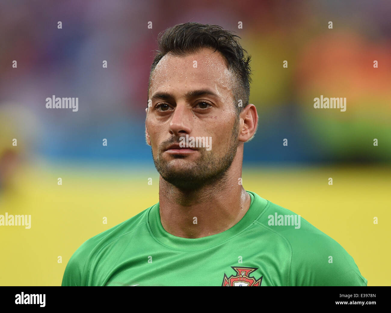 Manaus, Brazil. 22nd June, 2014. Goalkeeper Beto of Portugal seen during the national anthem prior to the FIFA World Cup 2014 group G preliminary round match between the USA and Portugal at the Arena Amazonia Stadium in Manaus, Brazil, 22 June 2014. Photo: Marius Becker/dpa/Alamy Live News Stock Photo