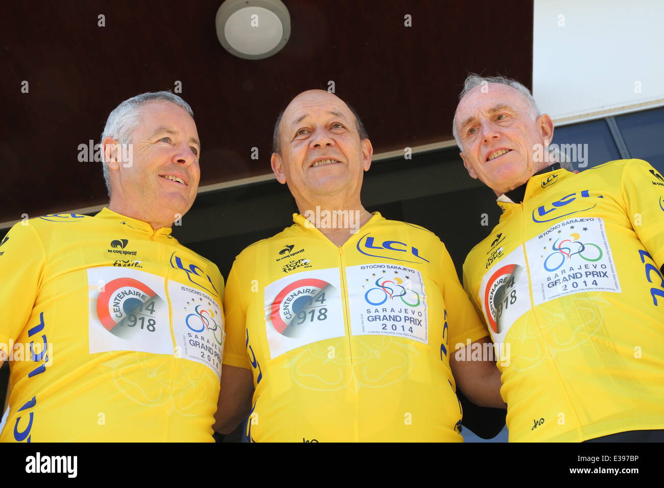 Sarajevo, Bosnia-Herzegovina. 22nd June, 2014. Former champions of Tour de France pose before the opening of the cycle event in Lukavica near Sarajevo, Bosnia-Herzegovina, on June 22, 2014. About 140 professional cyclists participate the Sarajevo Grand Prix (SGP) with a tour of 140 kilometers. SGP was supported by Tour de France. Credit:  Haris Memija/Xinhua/Alamy Live News Stock Photo