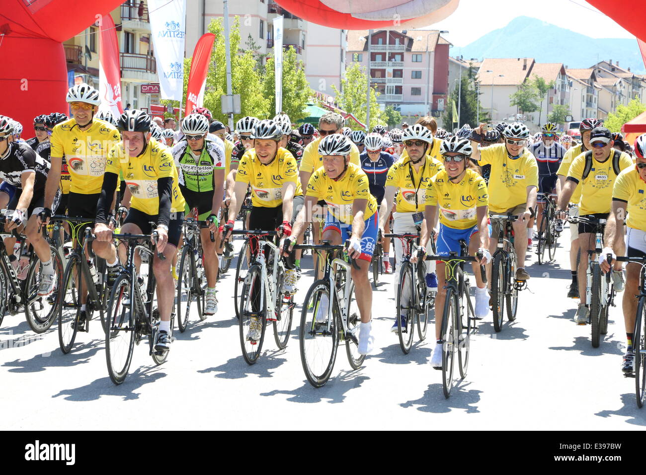 Sarajevo, Bosnia-Herzegovina. 22nd June, 2014. Cyclists prepare to partcipate in the Sarajevo Grand Prix in Lukavica nearby Sarajevo, Bosnia-Herzegovina, on June 22, 2014. About 140 professional cyclists participated in the Sarajevo Grand Prix (SGP) with a tour of 140 kilometers. SGP was supported by Tour de France. Credit:  Haris Memija/Xinhua/Alamy Live News Stock Photo