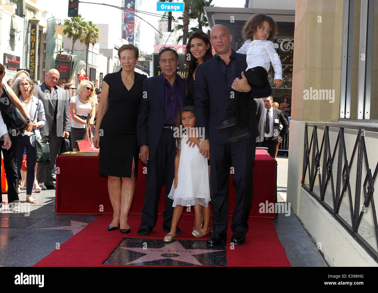 Vin Diesel Honored On The Hollywood Walk Of Fame  Featuring: Delora Vincent,Irving Vincent,Paloma Jiménez,Hania Riley,Vin Diesel,and son Where: Culver City, California, United States When: 26 Aug 2013 Stock Photo
