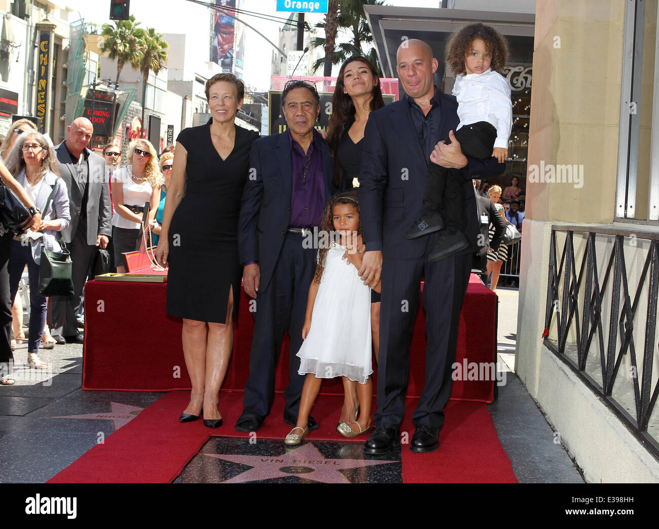 Vin Diesel Honored On The Hollywood Walk Of Fame  Featuring: Delora Vincent,Irving Vincent,Paloma Jiménez,Hania Riley,Vin Diesel,and son Where: Culver City, California, United States When: 26 Aug 2013 Stock Photo