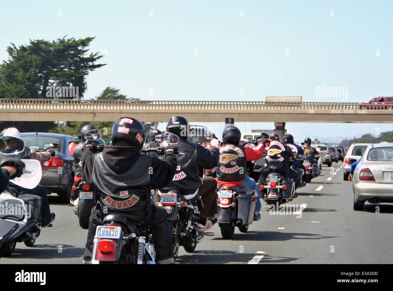 Nevada chapter of Hells Angels riding on hwy 880 in Berkeley California Stock Photo