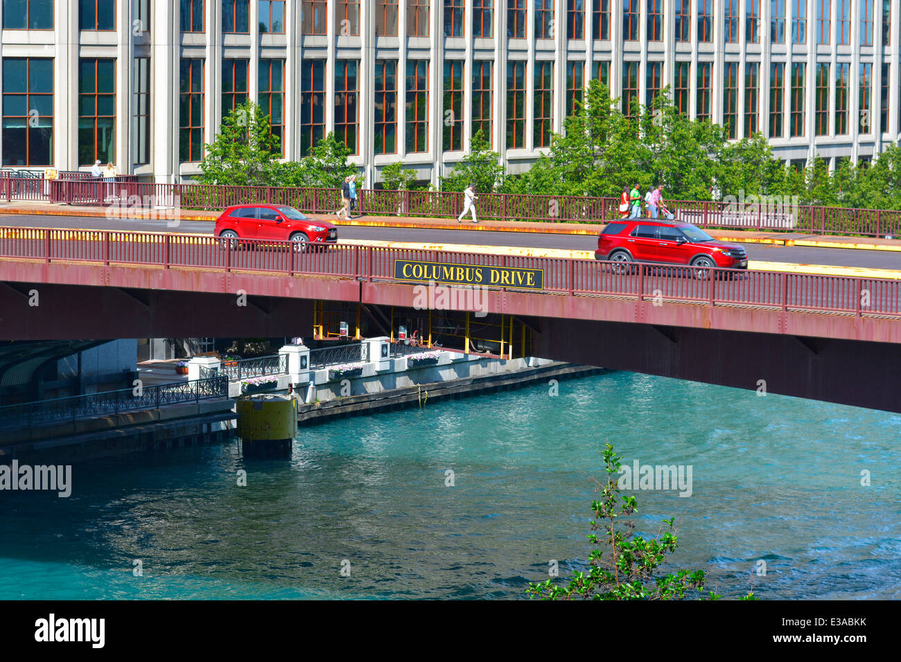Columbus Drive Bridge over Chicago River, Riverwalk Stock Photo