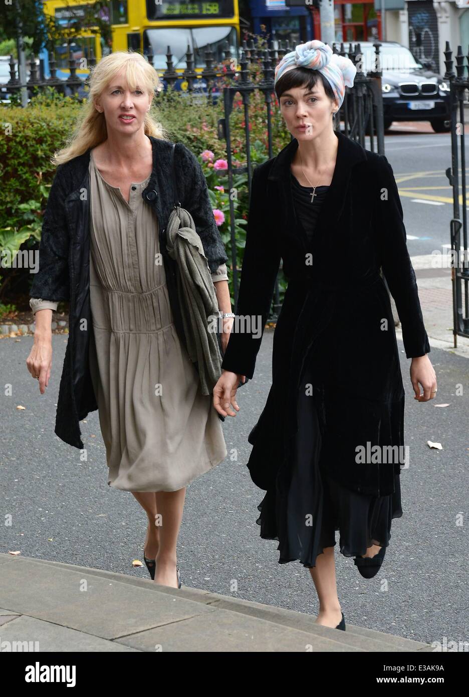The Funeral of actress Susan Fitzgerald at The Church of The Three Patrons, Rathgar  Featuring: Mourner & Fiona O'Shaughnessy Where: Dublin, Ireland When: 11 Sep 2013 Stock Photo