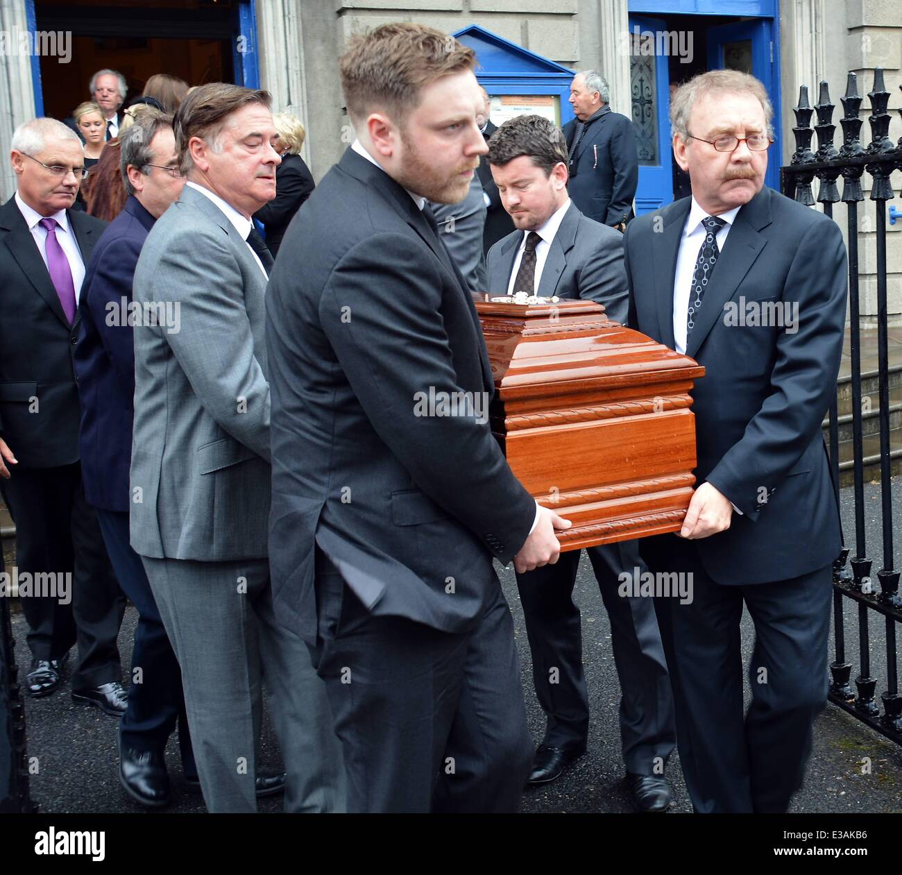 The Funeral of actress Susan Fitzgerald at The Church of The Three Patrons, Rathgar  Featuring: Michael Colgan & Coffin Bearers carry Susan Fitzgerlad's remains Where: Dublin, Ireland When: 11 Sep 2013 Stock Photo