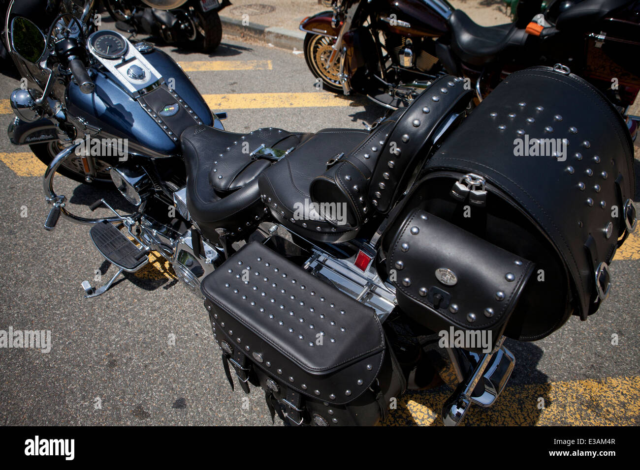krans Invitere glide Leather saddle and storage accessories on Harley Davidson motorcycle - USA  Stock Photo - Alamy