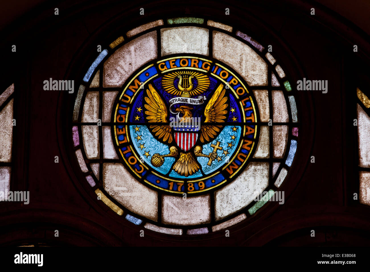 Old University seal in stained glass, Healy Hall building