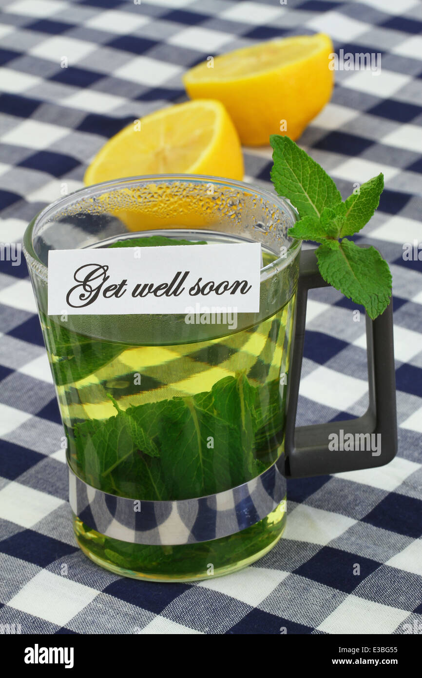 Get well soon card with mint tea and fresh lemon Stock Photo