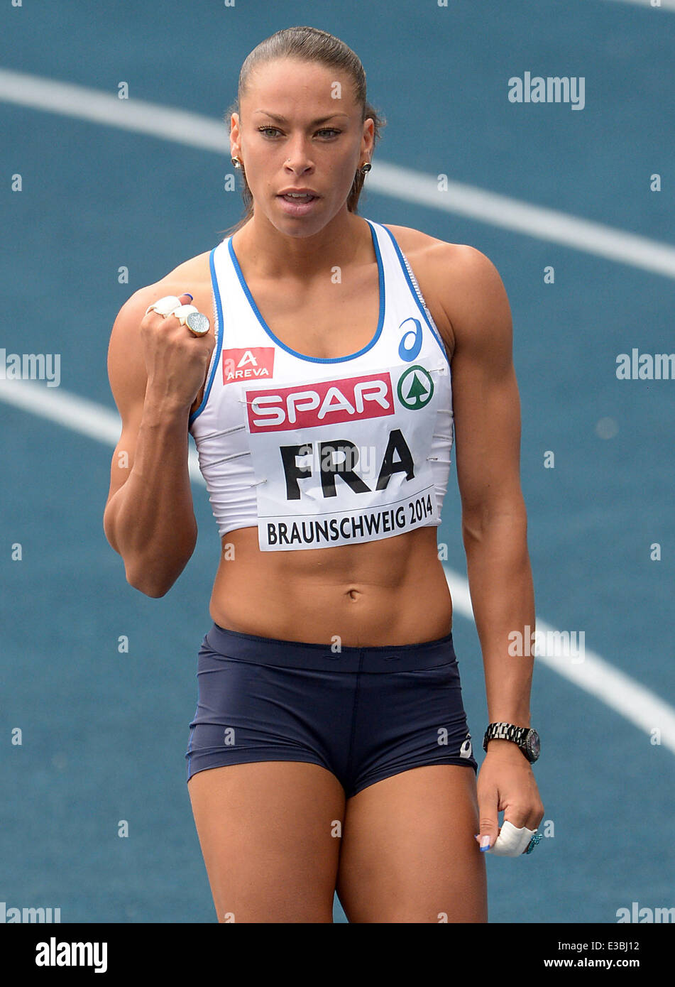 Braunschweig, Germany. 22nd June, 2014. France's Cindy Billaud in action during the women's 100 m hurdles race at the European Athletics Team Championships in the Eintracht Stadion in Braunschweig, Germany, 22 June 2014. Photo: Peter Steffen/dpa/Alamy Live News Stock Photo