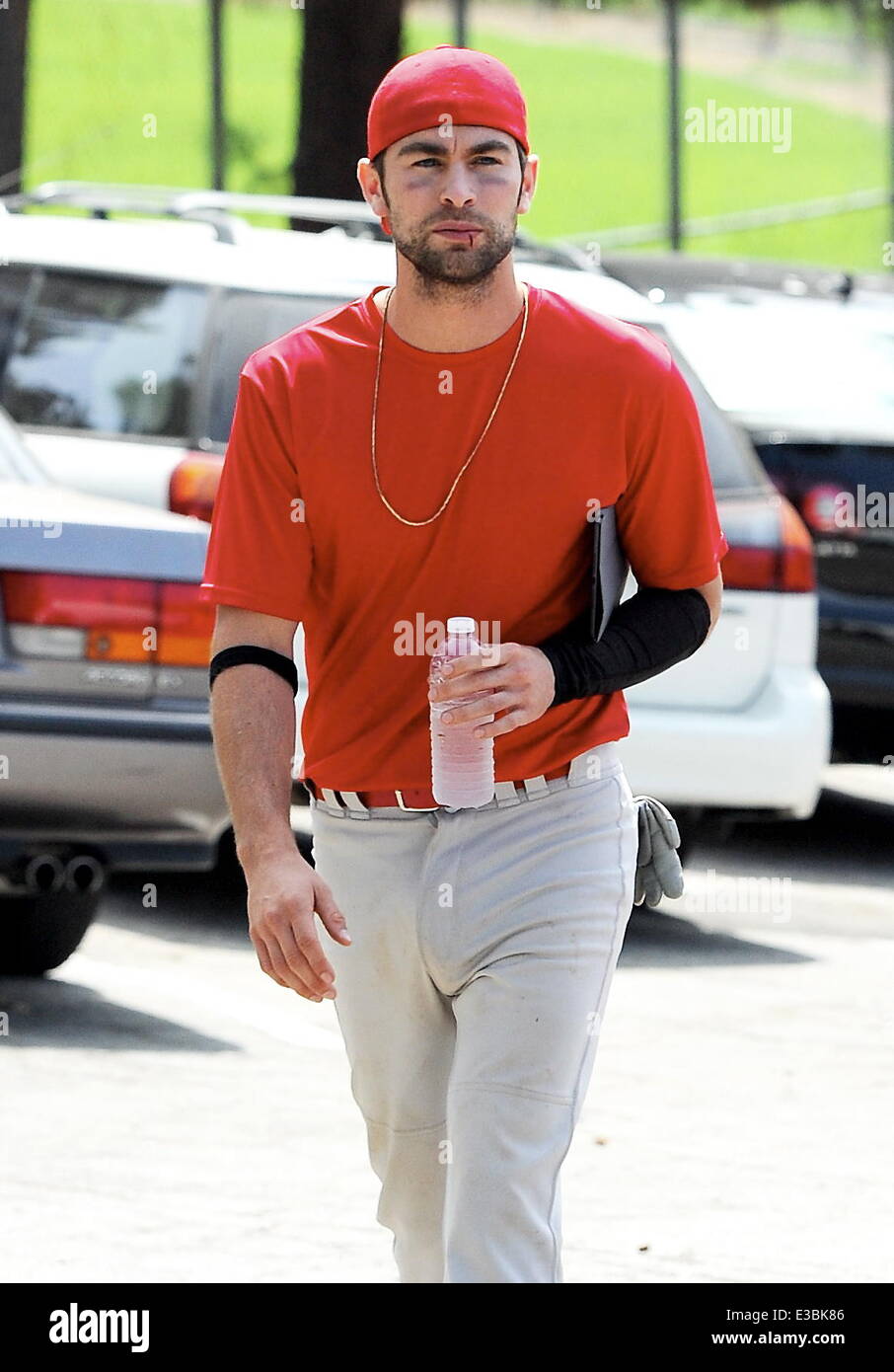 Actor Chace Crawford jumping around on the set of 'Undrafted' as he celebrates a win with his baseball team filming in La Crescenta Ca.  Featuring: Chace Crawford Where: La Crescenta, CA, United States When: 20 Sep 2013 Stock Photo
