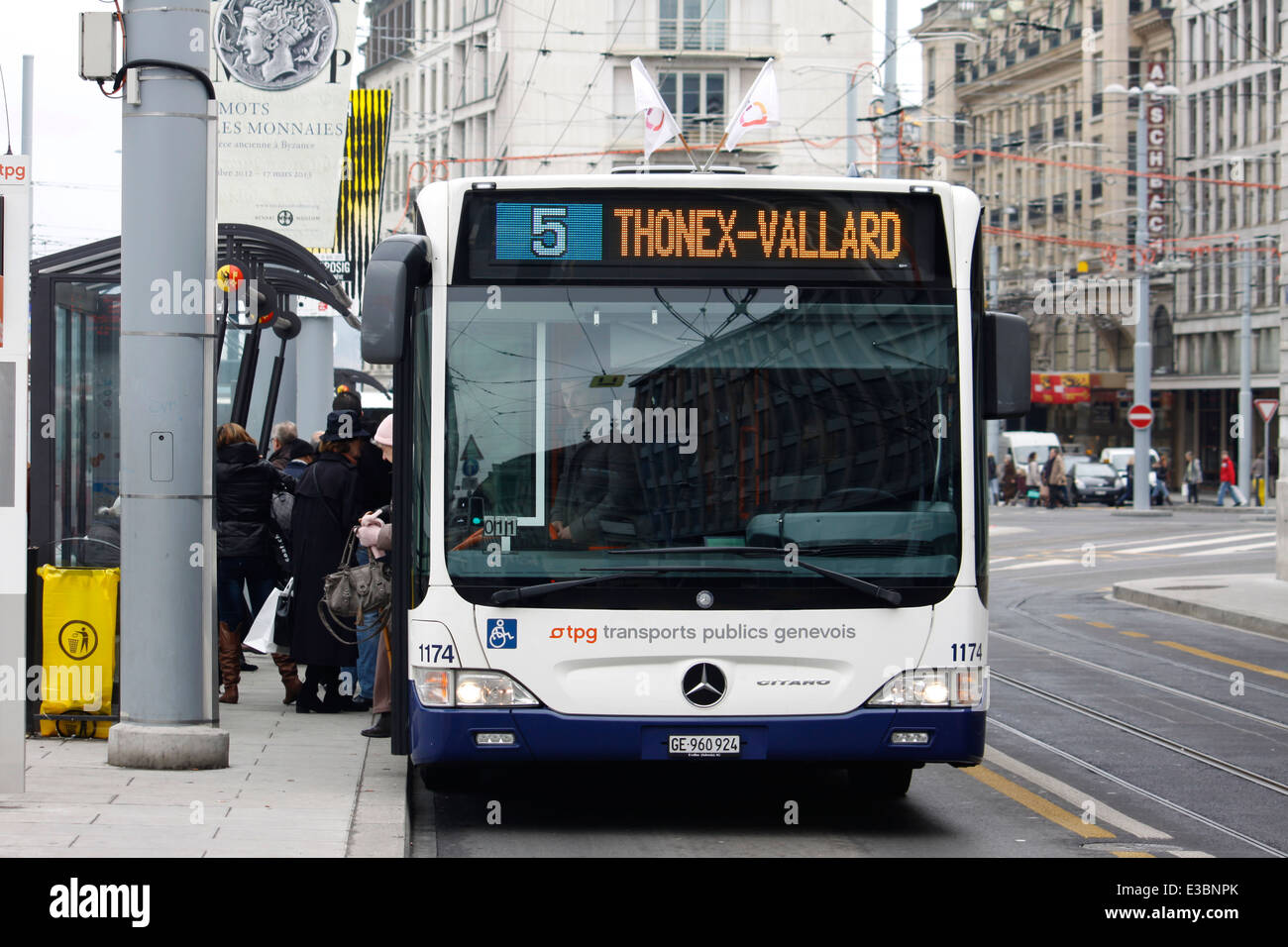 Bus, trolleybus, Geneva, public transport, Genève, Switzerland Stock