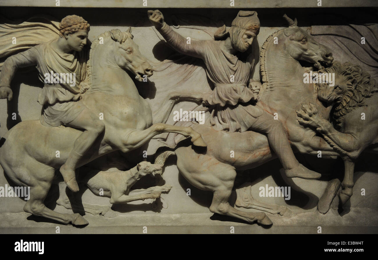 Alexander Sarcophagus. 4th century BC. Alexander and the Macedonians hunting lions with Abdalonymus and the Persians. Marble. Stock Photo