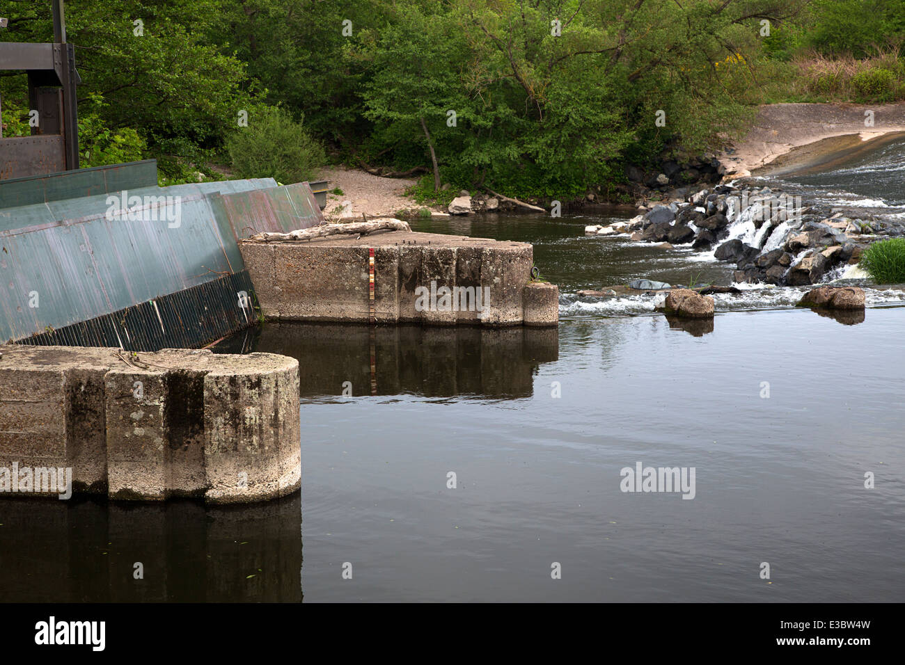 Inlet of hydro-electric power station in French river Moselle, Charmes, Lorraine, Vosges, France Stock Photo