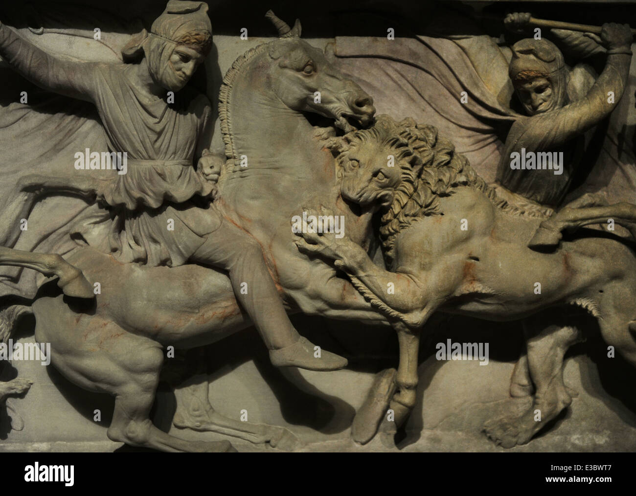 Alexander Sarcophagus. 4th century BC. Alexander and the Macedonians hunting lions with Abdalonymus and the Persians. Marble. Stock Photo