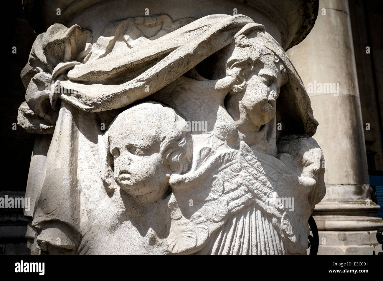 The effects of weathering showing on the eroded stone carvings at St Alfeges Church in Greenwich in London. Stock Photo