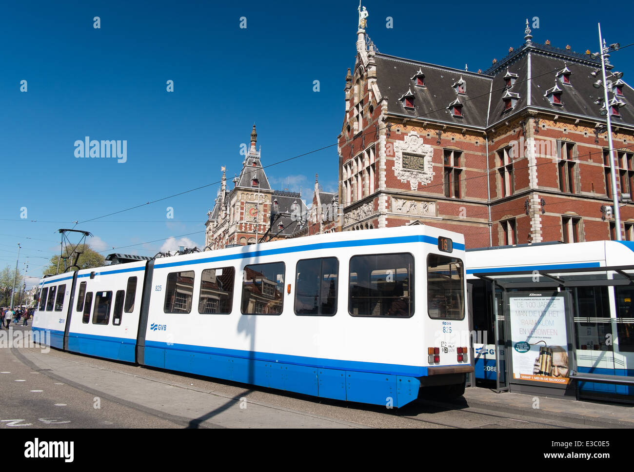 Tram outside Central station, Amsterdam, Netherlands. Stock Photo