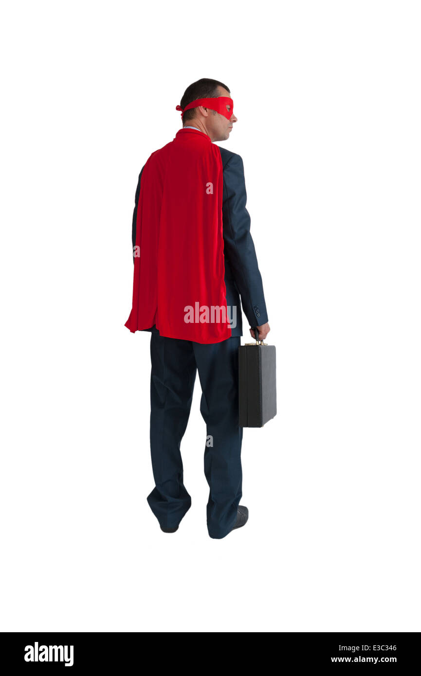 superhero businessman from behind, rear view back - business concept isolated on white Stock Photo