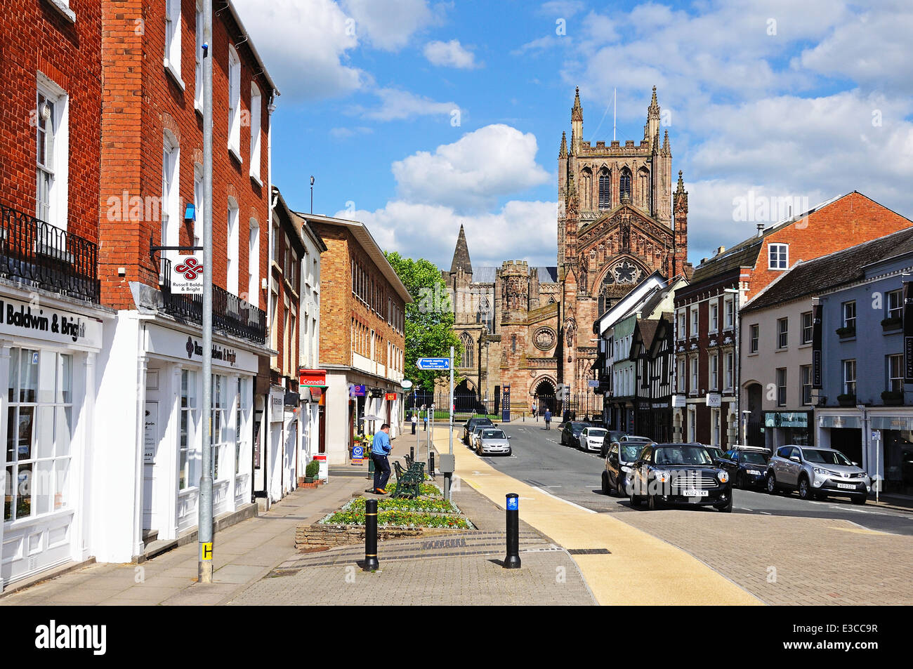Front view of the Cathedral at the end of King Street, Hereford, Herefordshire, England, UK, Western Europe. Stock Photo