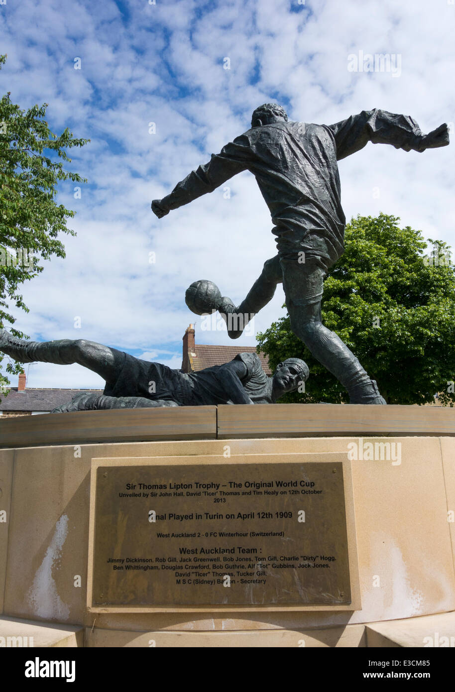 World Cup statue on village green in West Auckland, County Durham, England. UK. Village team West Auckland F.C. won the first World Cup in 1909. Stock Photo