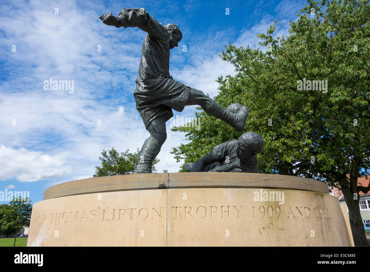 World Cup statue on village green in West Auckland, County Durham, England. UK. Village team West Auckland F.C. won the first World Cup in 1909. Stock Photo