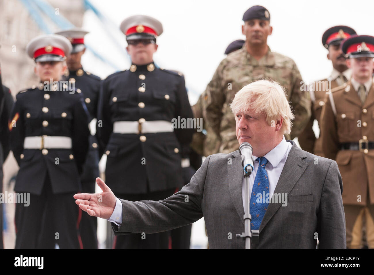 City Hall, London, UK, 23 June 2014.  Members of the British Armed Forces join the Mayor of London and London Assembly for a flag raising ceremony to honour the bravery and commitment of service personnel past and present. Credit:  Stephen Chung/Alamy Live News Stock Photo