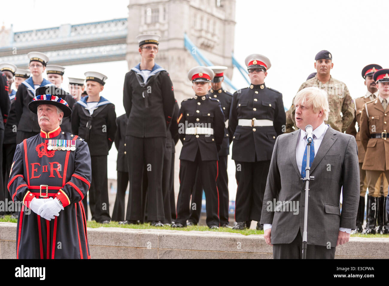 City Hall, London, UK, 23 June 2014.  Members of the British Armed Forces join the Mayor of London and London Assembly for a flag raising ceremony to honour the bravery and commitment of service personnel past and present. Credit:  Stephen Chung/Alamy Live News Stock Photo