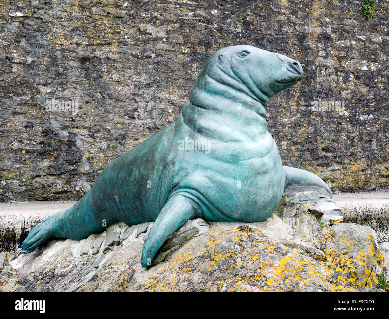 Bronze sculpture of 'Nelson', the oneeyed seal, on rocks at Looe