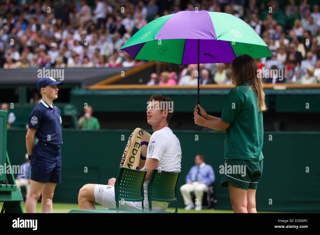 Wimbledon, London, UK. 23rd June, 2014. Picture shows Andy Murray defending his Wimbledon title on the first day of Wimbledon Tennis Campionships 2014 against David Goffen (BEL). Credit:  Clickpics/Alamy Live News Stock Photo
