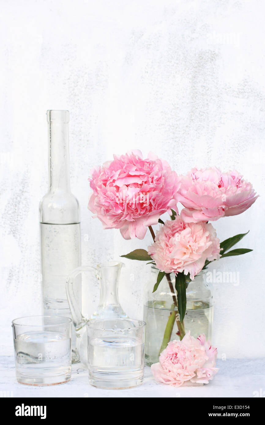 Beautiful pink peonies in glass vase on white painted background, still life Stock Photo