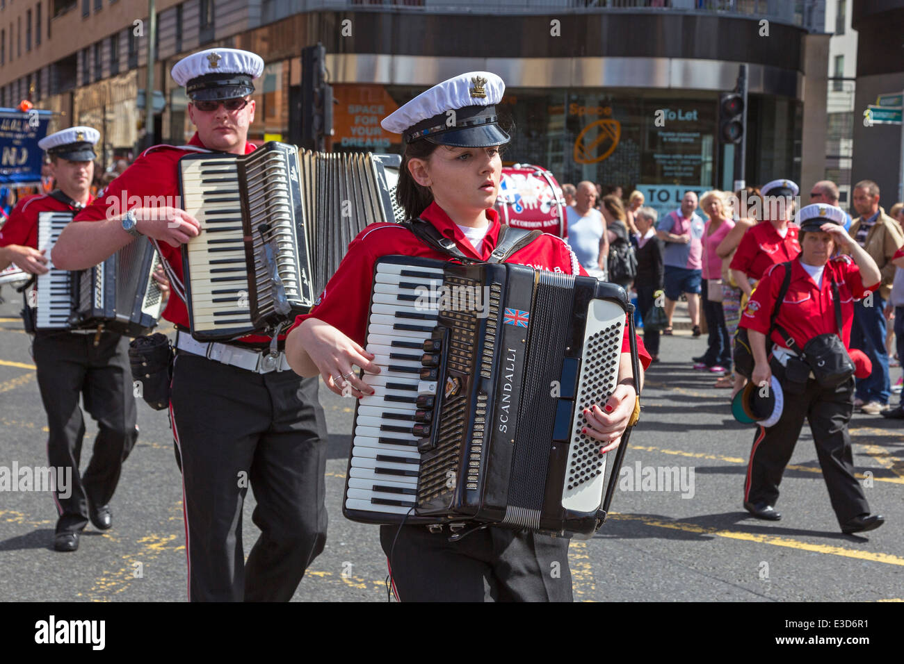 Accordion band parading at a Loyalist Orange Walk, Glasgow, Scotland UK Stock Photo