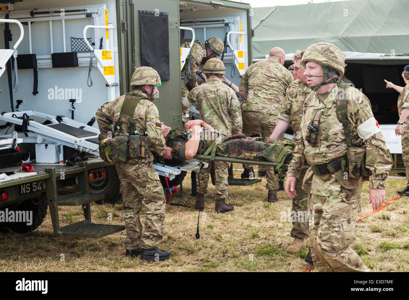 Wounded arriving at a field hospital during military exercise on Armed Forces Day, Newtownards, Co. Down Stock Photo